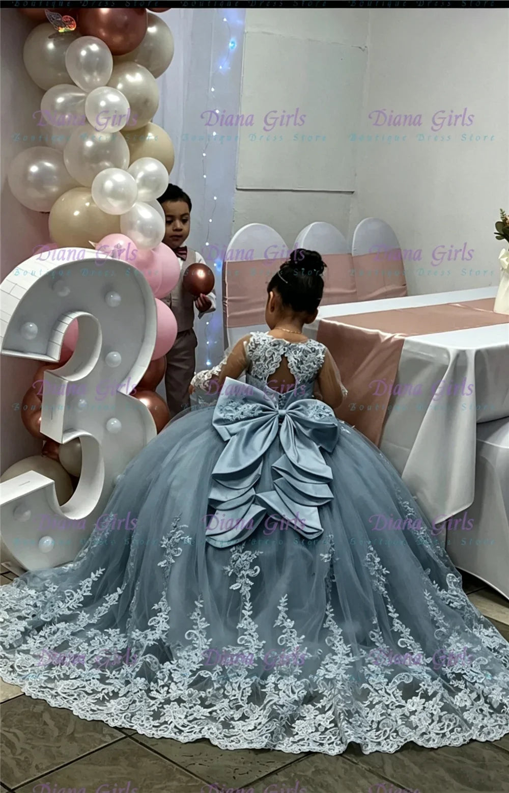 White Tulle Flower Girl Dress - Lace Applique Wedding & Party Gown
