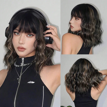 Short Wavy Green Synthetic Wig for Women – Green Cosplay Bob Wig with Bangs, Lolita Party Hair, Heat-Resistant Natural Fake Hair