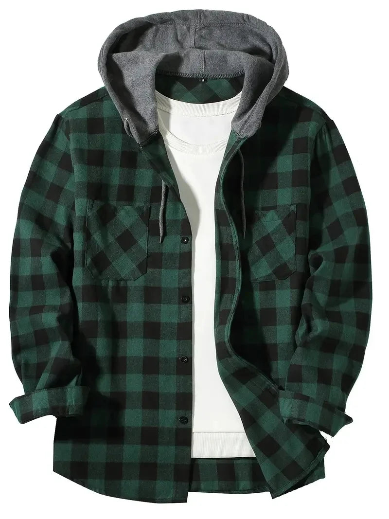 Youth Men’s Hooded Plaid Shirt - Slim Fit Long Sleeve Casual Travel & Streetwear Jacket