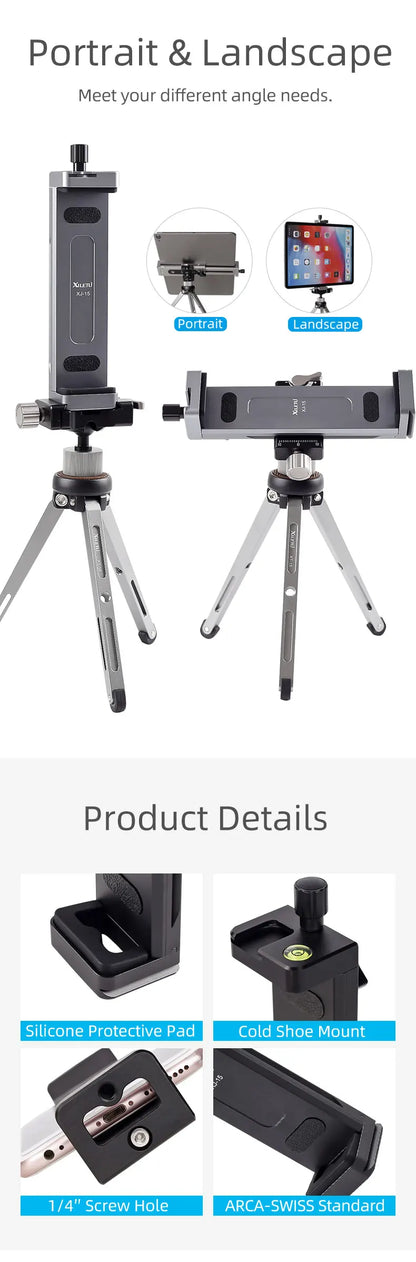 Universal Aluminum Alloy Tablet & Phone Stand – Adjustable Tripod Holder Clip for Mobile Devices