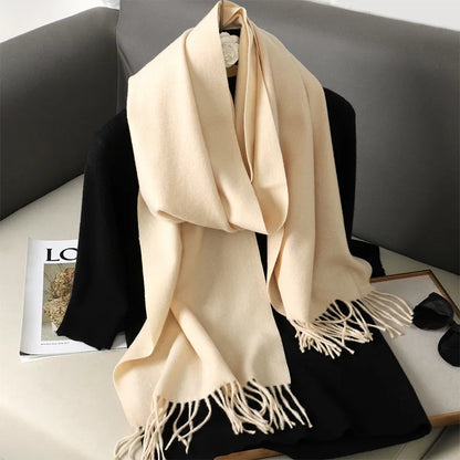 62-Color Solid Women’s Winter Scarf — Thick Warm Cashmere Pashmina Shawl with Tassels, Outdoor Luxury Wrap, Windproof Fashion Scarf