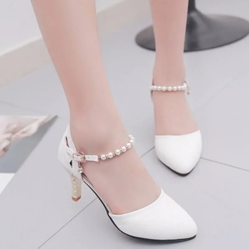 Women’s Elegant White Pearl Buckle Pumps — Square Heel Office & Leisure Shoes