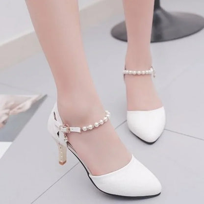 Women’s Elegant White Pearl Buckle Pumps — Square Heel Office & Leisure Shoes