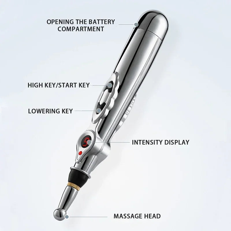 Electric Massage Pen – Adjustable Battery-Powered Muscle Relaxer for Body, Back & Hands, Silver