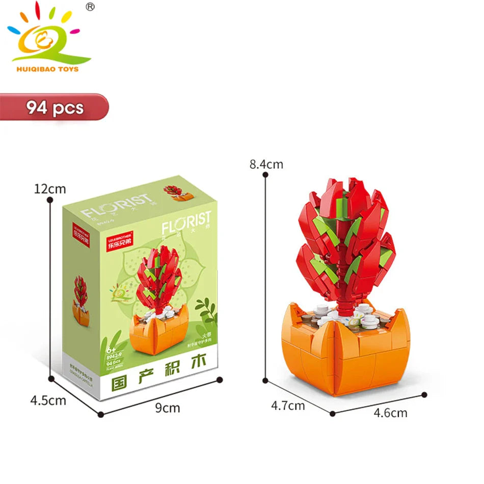 HUIQIBAO MOC Flower & Succulent Potted Building Block Set – DIY Eternal Bouquet, Home Desk Plant Decor, Girls & Kids Toy Gift