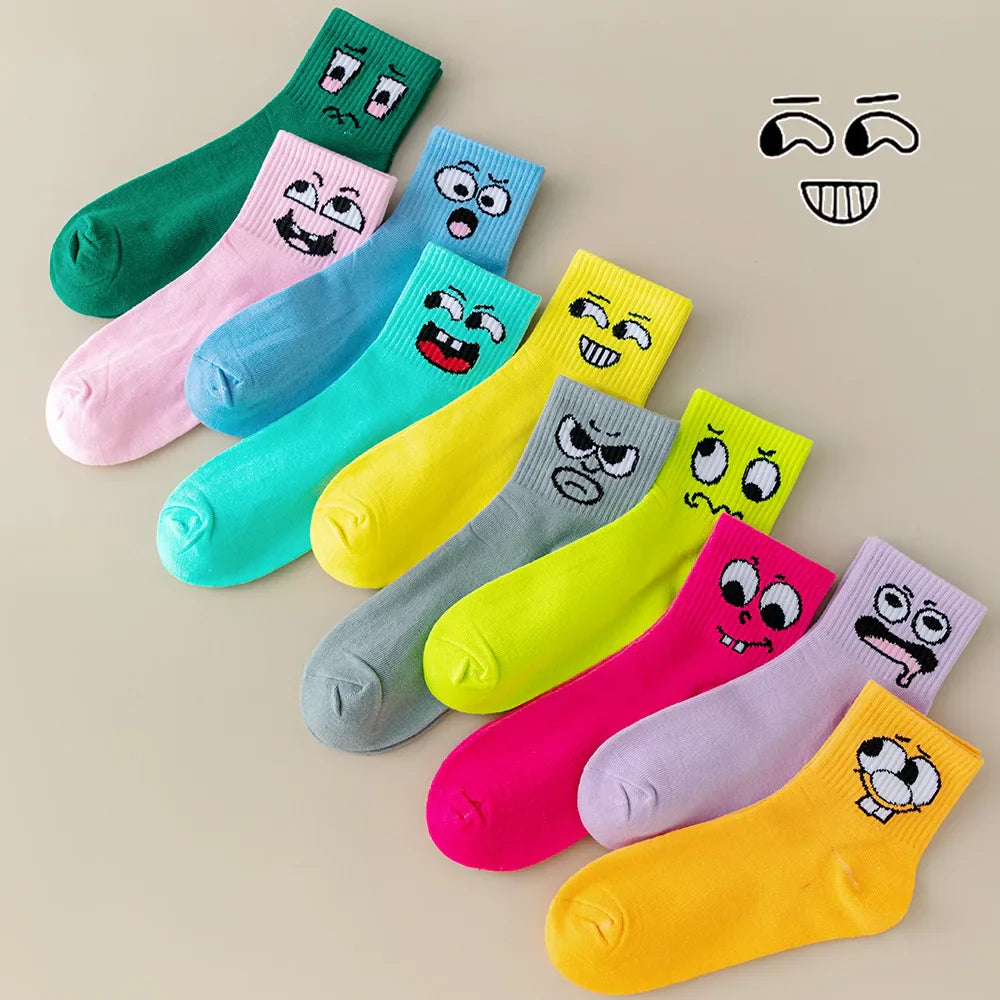 5/10 Pack Women’s Cartoon Mid-Tube Socks – Trendy Solid Color Sports & Leisure Socks for Spring and Summer