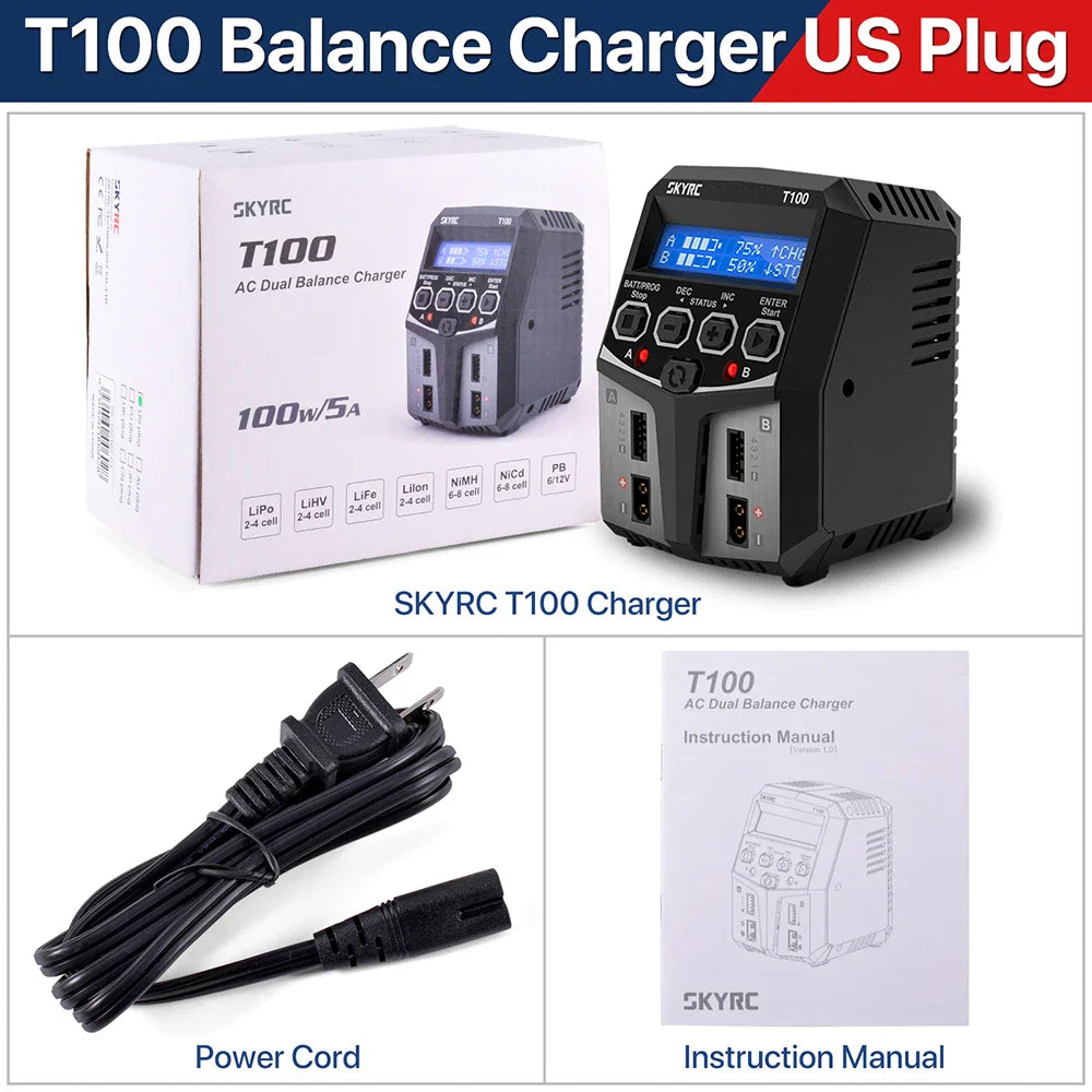 SKYRC T100 AC Dual 5A Lipo Battery Charger — 2x50W Balance Charger for 2-4S NiMH, NiCd, LiPo, LiFe, LiIon, LiHV RC Cars