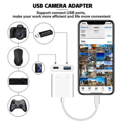 OTG Adapter Lightning to USB 3.0 – Fast Charge & Data Converter Cable for iPhone 14/13/12/11/X/XS/XR/8, USB-C Splitter Compatible