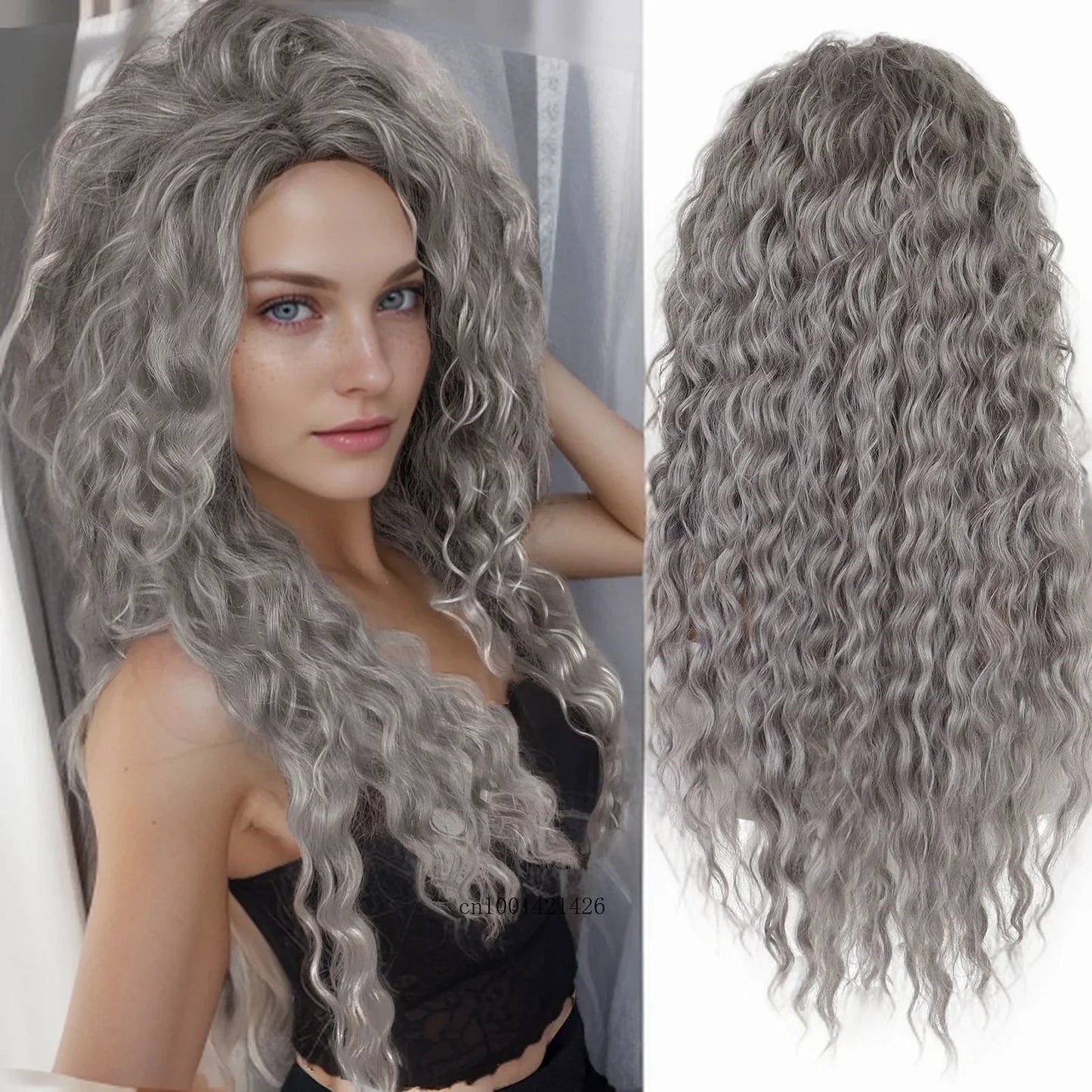 Ash Blonde Synthetic Wig – 26" Long Curly Ombre Hair, Fluffy Wave Wig for Women, Costume & Party Wig