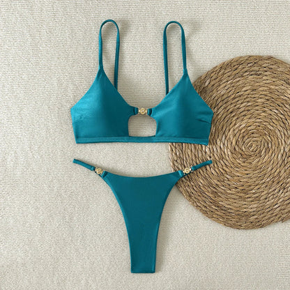 Sexy Shiny High Cut Bikini Set - Women's Push Up Triangle Top Brazilian Cheeky Bottom Swimwear