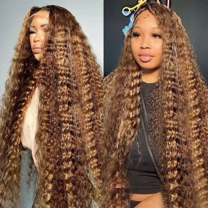 30-36 Inch Curly Highlight Wig – Honey Blonde 13x4 Lace Front Deep Wave Brazilian Human Hair HD Lace Frontal Wig for Women