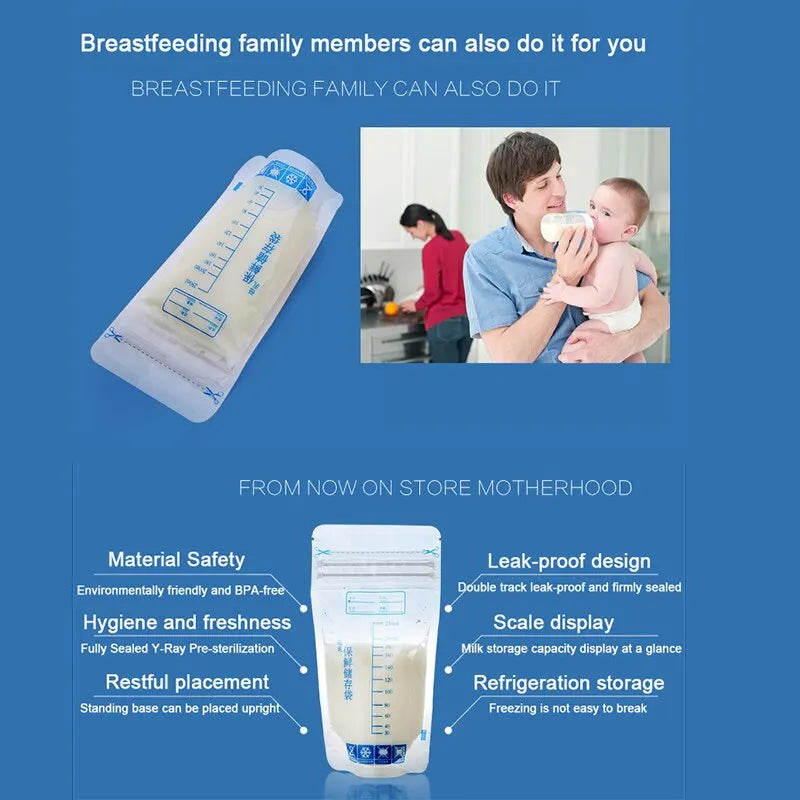 250ml Self-Standing Breastmilk Storage Bags: No-Leak Freezer Bags for Baby Food - BPA-Free, Safe Feed Containers, Pack of 30pcs