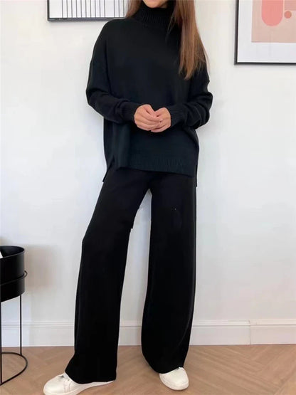 Women’s 2-Piece Autumn & Winter Knitted Tracksuit – Turtleneck Sweater with Straight Jogging Pants Set