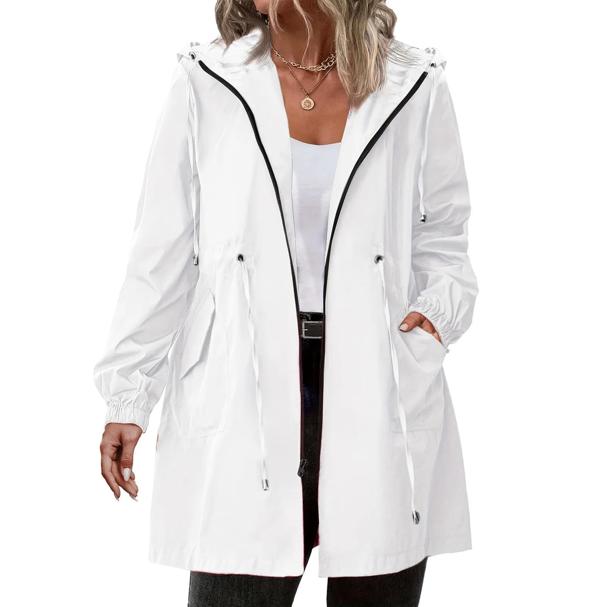 Women’s Hooded Trench Coat - Long Sleeve Mid-Length Windbreaker for Spring & Autumn