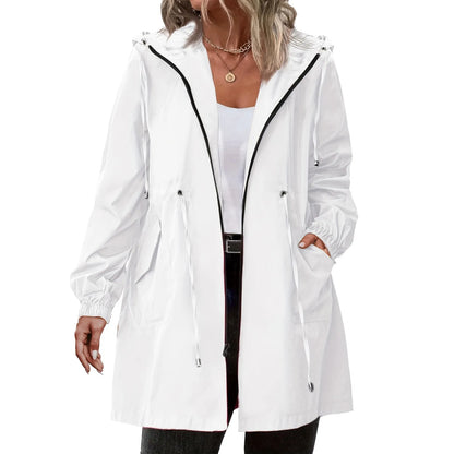Women’s Hooded Trench Coat - Long Sleeve Mid-Length Windbreaker for Spring & Autumn