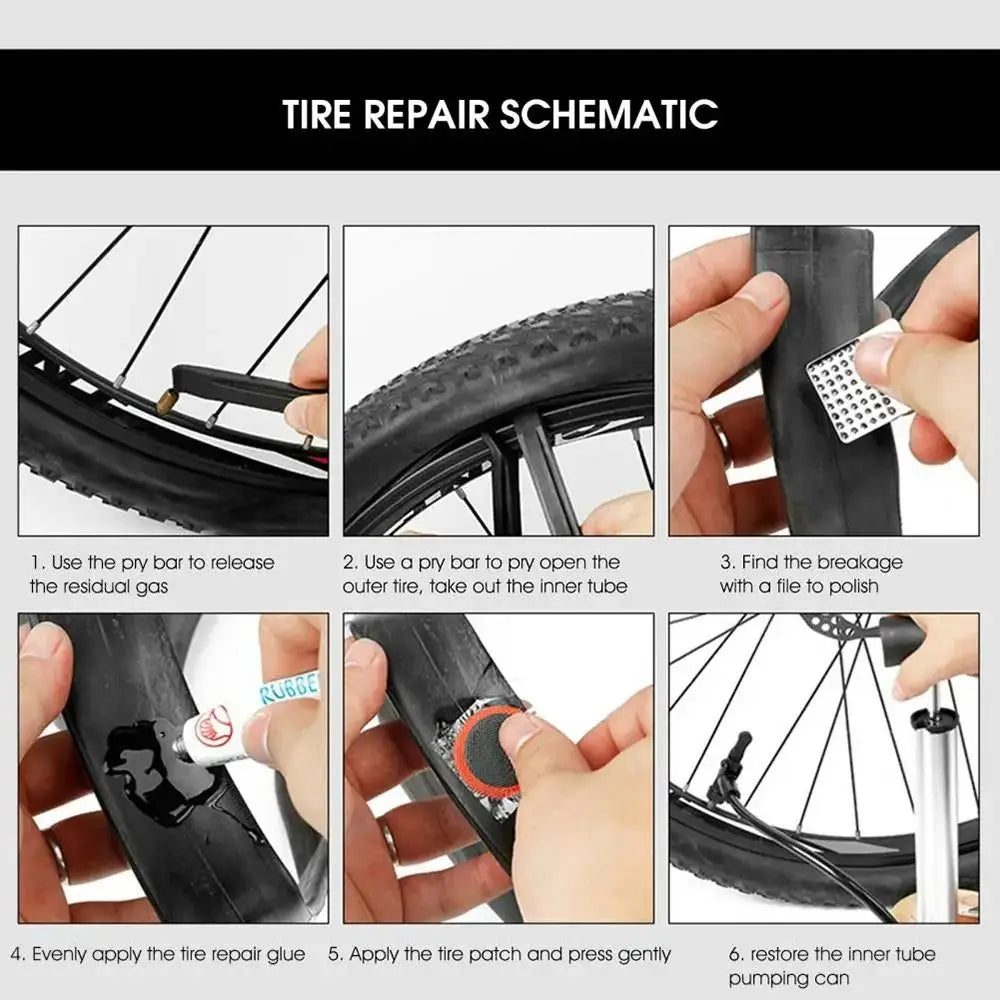 Bicycle Tire Repair Kit - Inner Tube Puncture Patches Rubber Glue Valve Tools for Bike Maintenance