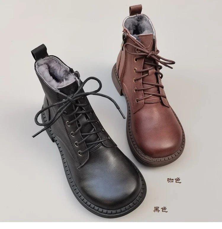Careaymade 100% Genuine Leather Wide Casual Women’s Short Boots – Big Size, Handmade Men’s Wool Boots