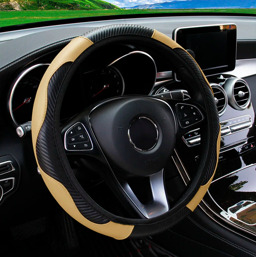 PU Carbon Fiber Leather Steering Wheel Cover — No Inner Ring, Fits 14.5-15 Inch Cars