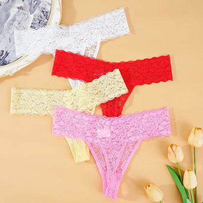 3PCS Lace Floral Women’s Panties - Low Waist Breathable Briefs & Thong, Sexy G-String Transparent Underwear (M-2XL)