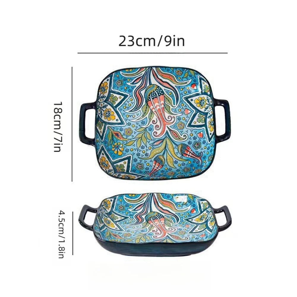 9-Inch Bohemian Style Ceramic Salad Plate with Double Ears — Oven & Microwave Safe Pasta Dish
