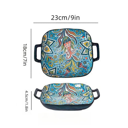 9-Inch Bohemian Style Ceramic Salad Plate with Double Ears — Oven & Microwave Safe Pasta Dish