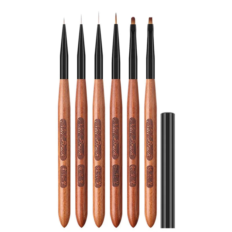 Sandalwood Handle Nail Art Brush Set – Gradient Blooming UV Gel Liner & Flower Drawing Tools for Stripes & Nail Painting
