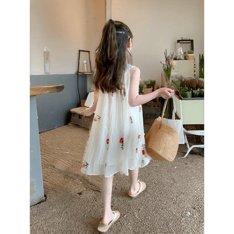 Summer Girls Bohemian Halter Neck Dress – Floral Embroidered Sleeveless Mesh Layered Dress
