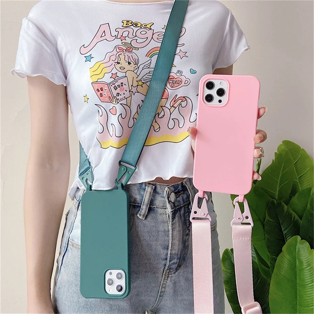 Crossbody Necklace Strap Silicone Case - Matte Shockproof Phone Cover for iPhone 17, 16, 15, 14 Pro Max & More