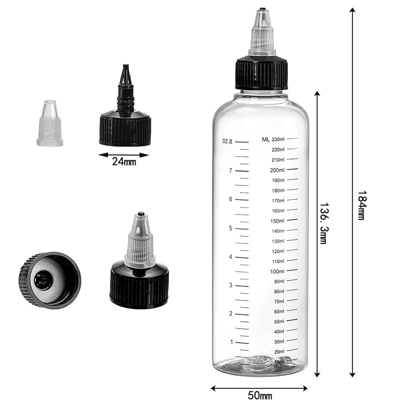 30ml-500ml Empty Hair Dye Bottles — Measured Twist Cap Refillable Squeeze Containers
