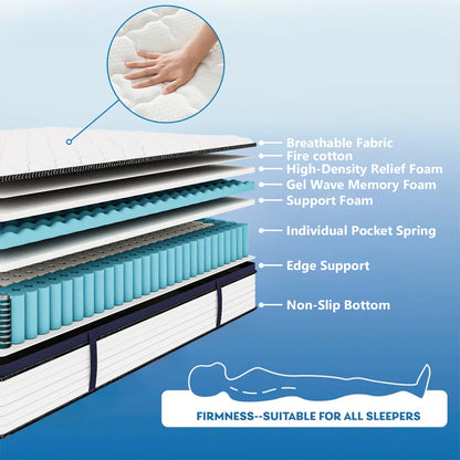 Queen Size Gel Memory Foam Hybrid Mattress — Medium Firm Comfort with Pressure Relief & Motion Isolation, Mattress in a Box