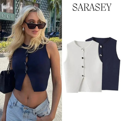 Fall 2025 Knit Vest for Women – Sleeveless Cropped Asymmetrical Slim Sweater Top – White Basic Slim Shirt