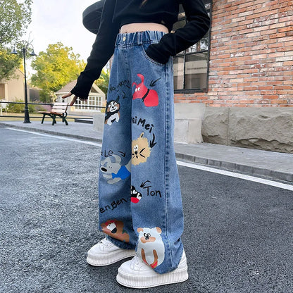 New 2024 Teenage Girls’ Blue Street Cartoon Jeans – Elastic Mid-Waist Loose Wide-Leg Denim Pants for Spring Fashion