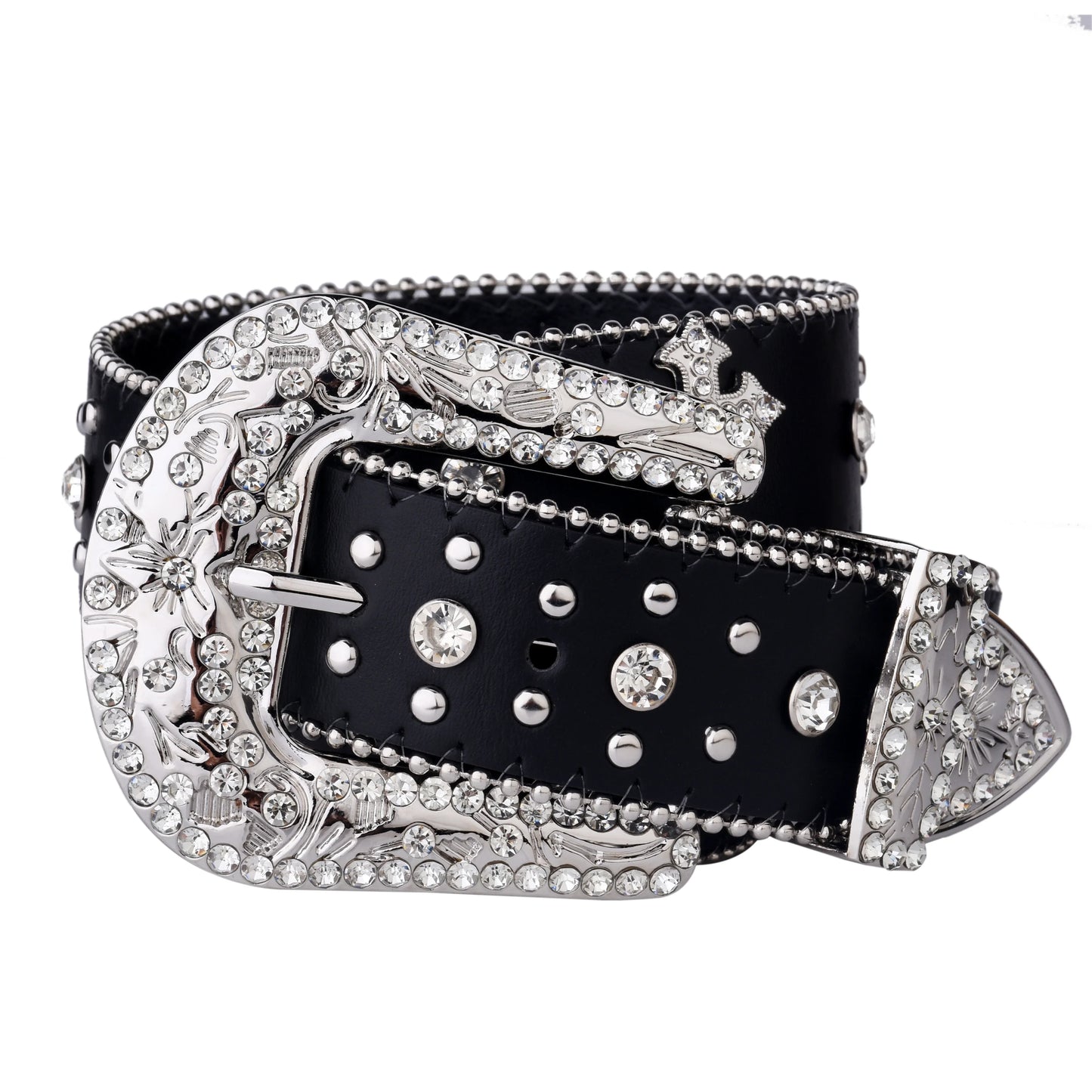 Black Cross Rivet Belt with Engraved Buckle – Rhinestone PU Punk Western Cowboy Cowgirl Jeans Belt