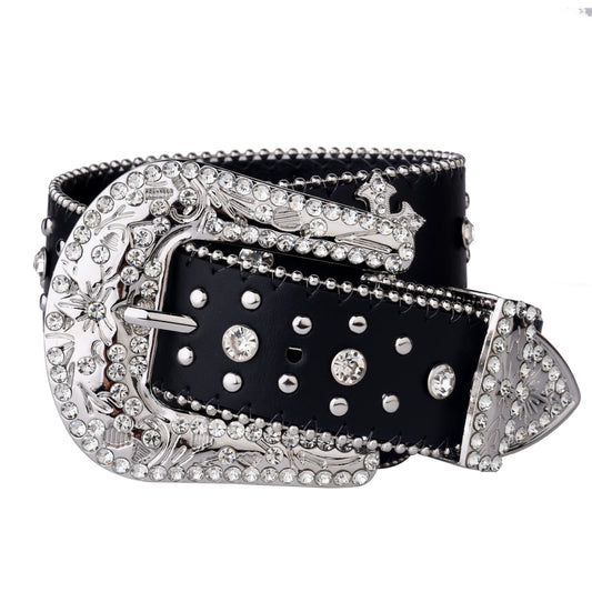 Black Cross Rivet Belt with Engraved Buckle – Rhinestone PU Punk Western Cowboy Cowgirl Jeans Belt