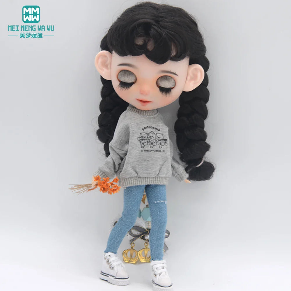 Blythe Doll Clothes – Fashion Tops, Black & White Shirts with Jeans & Plaid Pants for Azone OB22/OB24 Dolls