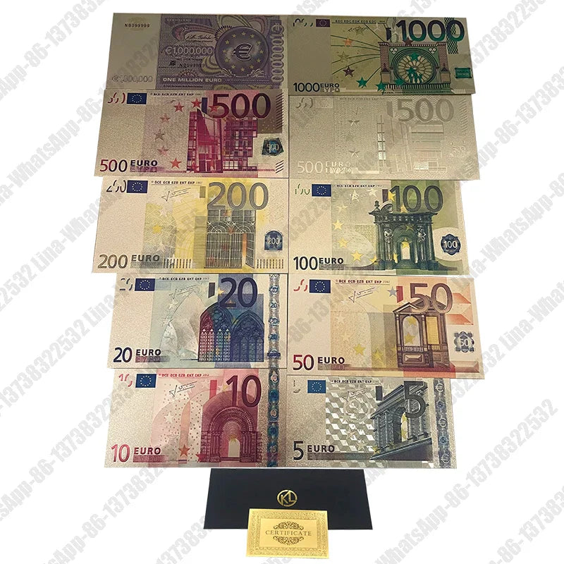 Colored European Banknote Currency Set – 5 to 1000 Million Euro Gold Notes for Business Gifts & Collection