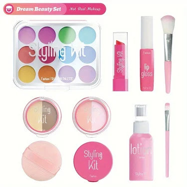 Pretend Makeup Playset, 10 Piece Non-Toxic Toy Cosmetics Set with Eyeshadow Palette, Lipstick, and Applicators (Not Real Makeup)