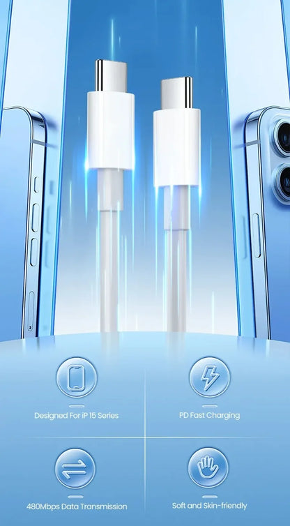 PD 60W USB-C to USB-C Fast Charging Cable – 2M Power Delivery Cord for iPhone 6-16 Series, iPad & USB-A Devices