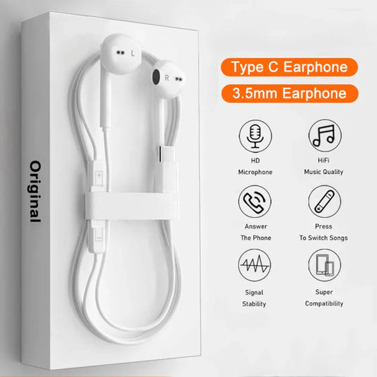 Original Type-C Wired Headphones – 3.5mm Earbuds for Xiaomi, Redmi, Poco, Huawei, Samsung