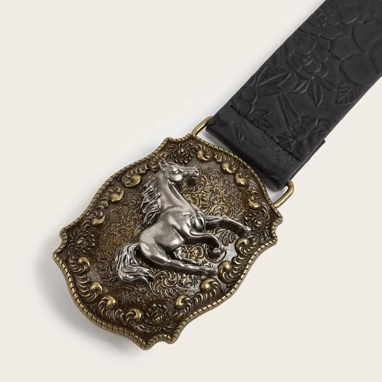 Neutral Horse Head Buckle PU Belt – Fashionable Peony Pattern Design