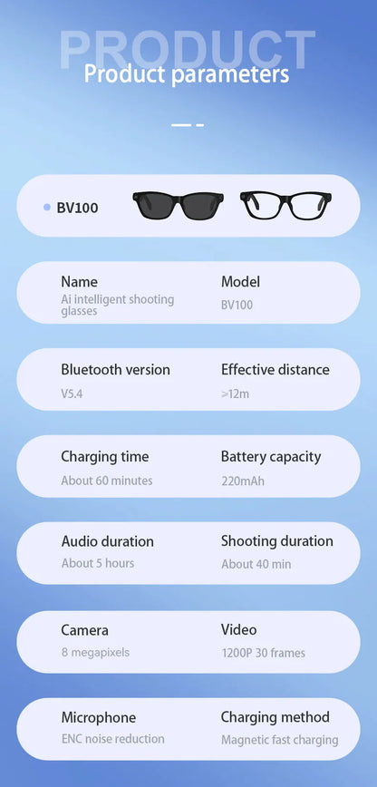 Blackview BV100 Smart Glasses — HD Camera, Bluetooth 5.4, 220mAh Battery, Stereo Bass Speakers, Noise-Cancelling Mic, Wear Detection