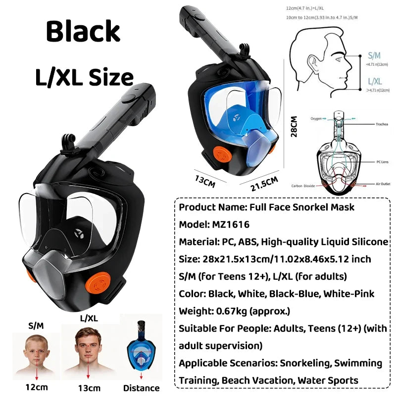 Full Face Snorkel Mask - 180° Panoramic Anti-Fog Dry-Top Leak-Resistant Diving Gear for Adults