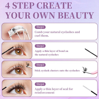 DIY Lash Extension Kit – Mixed Style Lash Clusters with Bond & Seal, Remover, Tweezers & Brush for Natural Volume & Salon-Style Eyelash Extensions
