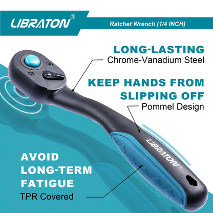 Libraton 1/4 Inch Ratchet Handle – Teardrop Head, Quick-Release, Comfort Grip, 1-Pack