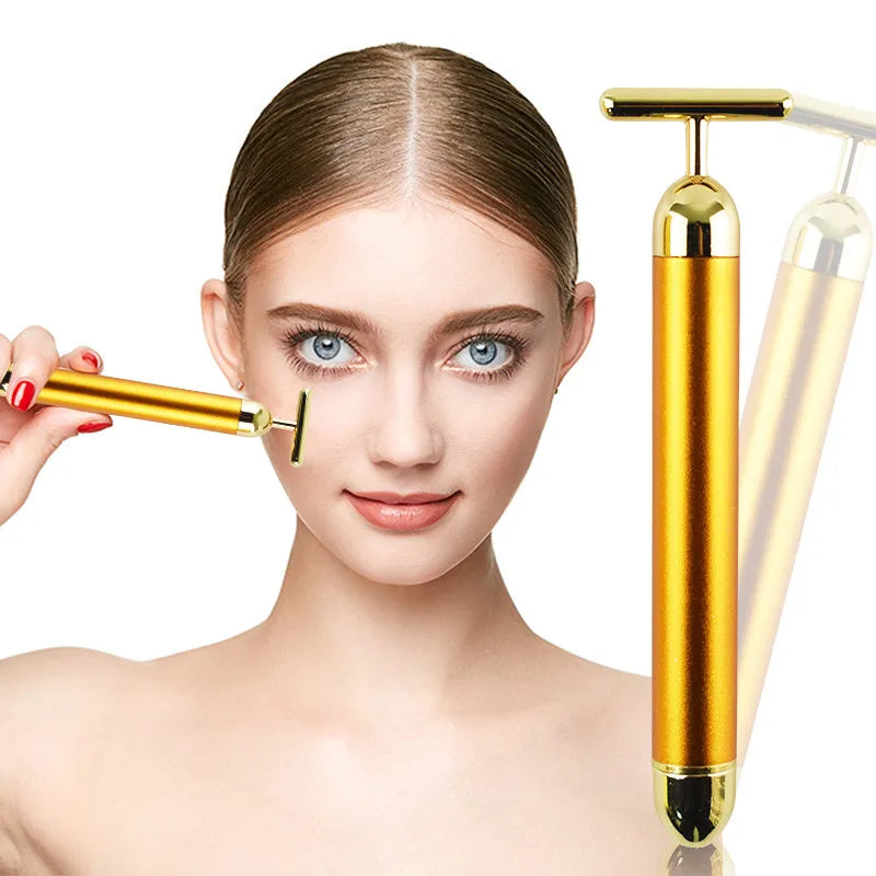 24K Gold Facial Slimming Beauty Bar – Pulse Vibrating Roller for Skin Lifting, Firming & Wrinkle Tightening