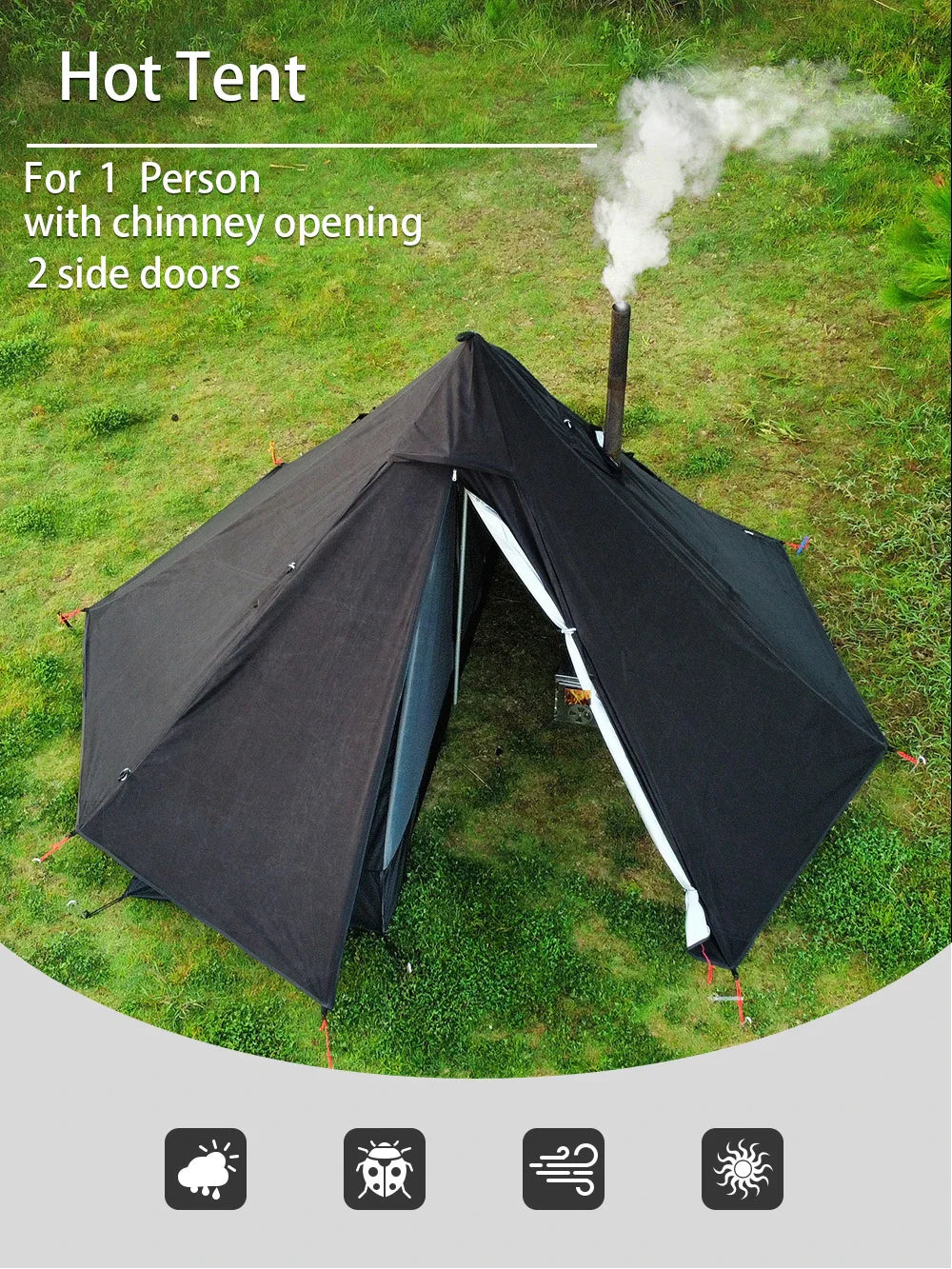 Camping Hot Tent with Chimney Window - Ultralight Tipi Teepee Pyramid, Double Layer Bushcraft Tent for 1 Person