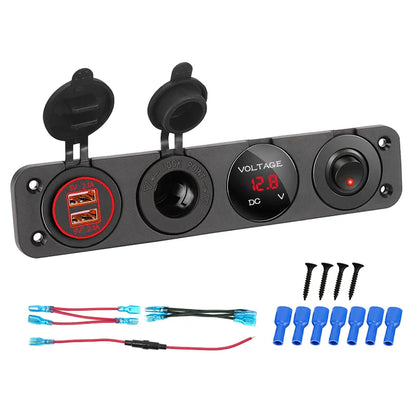 4-in-1 Marine Switch Panel | 12V Dual USB Charger, Power Outlet, LED Voltmeter & Cigarette Lighter Socket