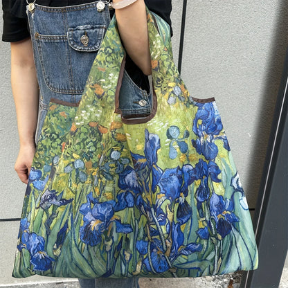 Chic Iris Flower Large Foldable Tote Bag – Lightweight Nylon Reusable Shopping Bag with Shoulder Strap, Machine Washable Travel Grocery Handbag