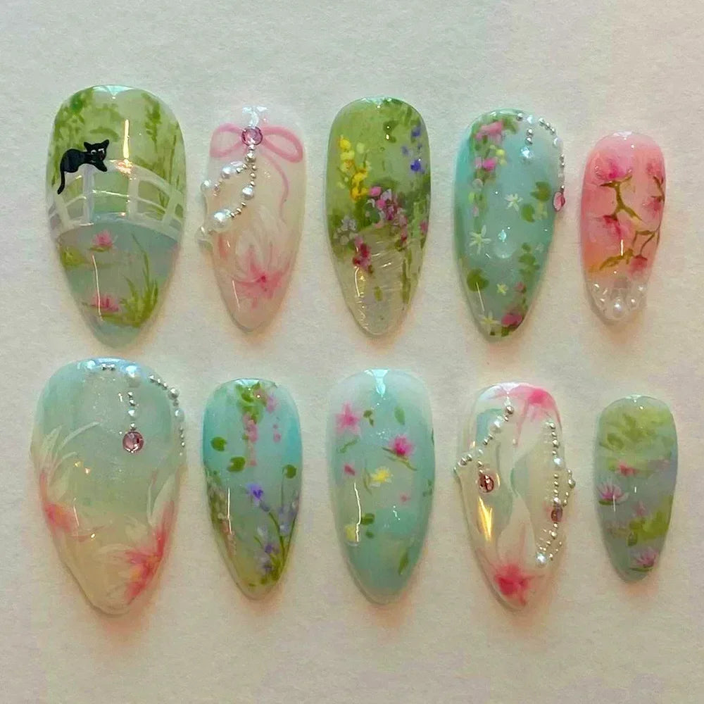 24Pcs French Press On Nails - Almond Fake Nail Tips with Glue, White Edge Design & Pink Stiletto Style Manicure Set