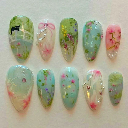 24Pcs French Press On Nails - Almond Fake Nail Tips with Glue, White Edge Design & Pink Stiletto Style Manicure Set